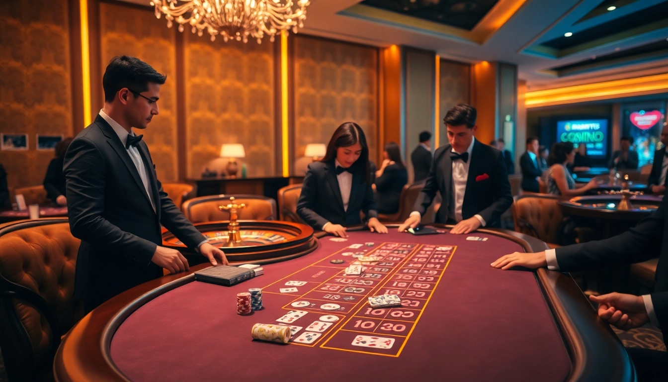 Experience the thrill at 98win com with players enjoying blackjack and roulette in a luxurious casino setting.