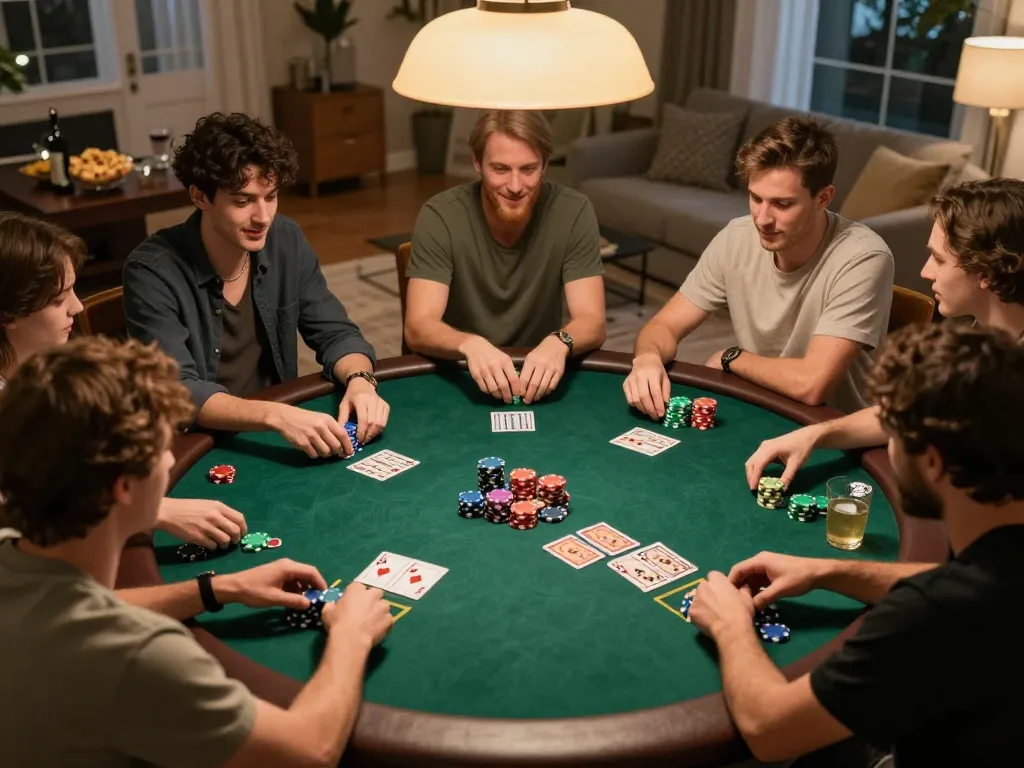 Playing poker with friends during a cozy home night, showcasing F8BET strategies in action.