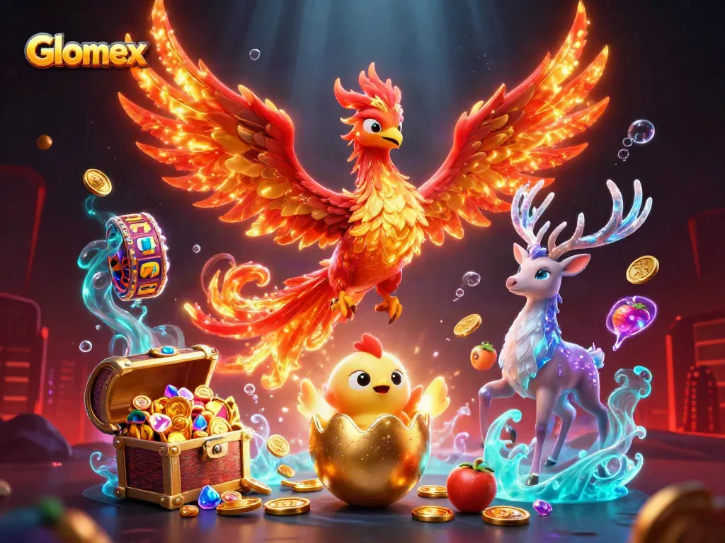 Engage with Glomex gaming excitement featuring dynamic slot elements and a mythical phoenix.