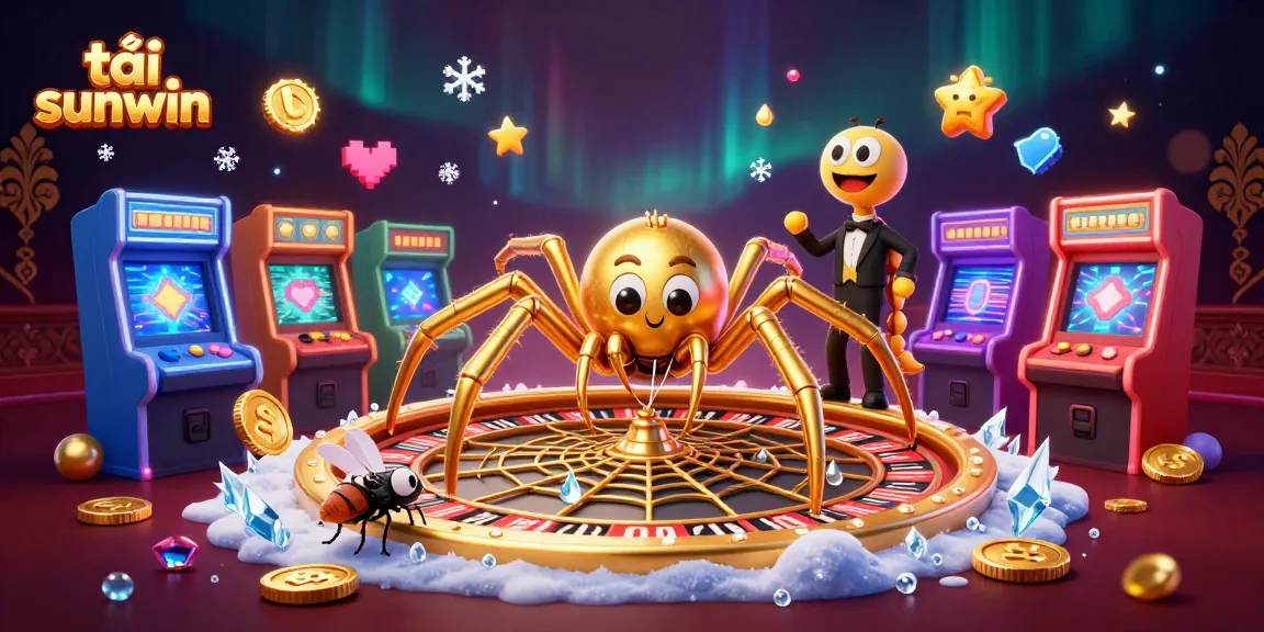 Engage in exciting gameplay with tải sunwin, featuring a golden spider and vibrant arcade machines.