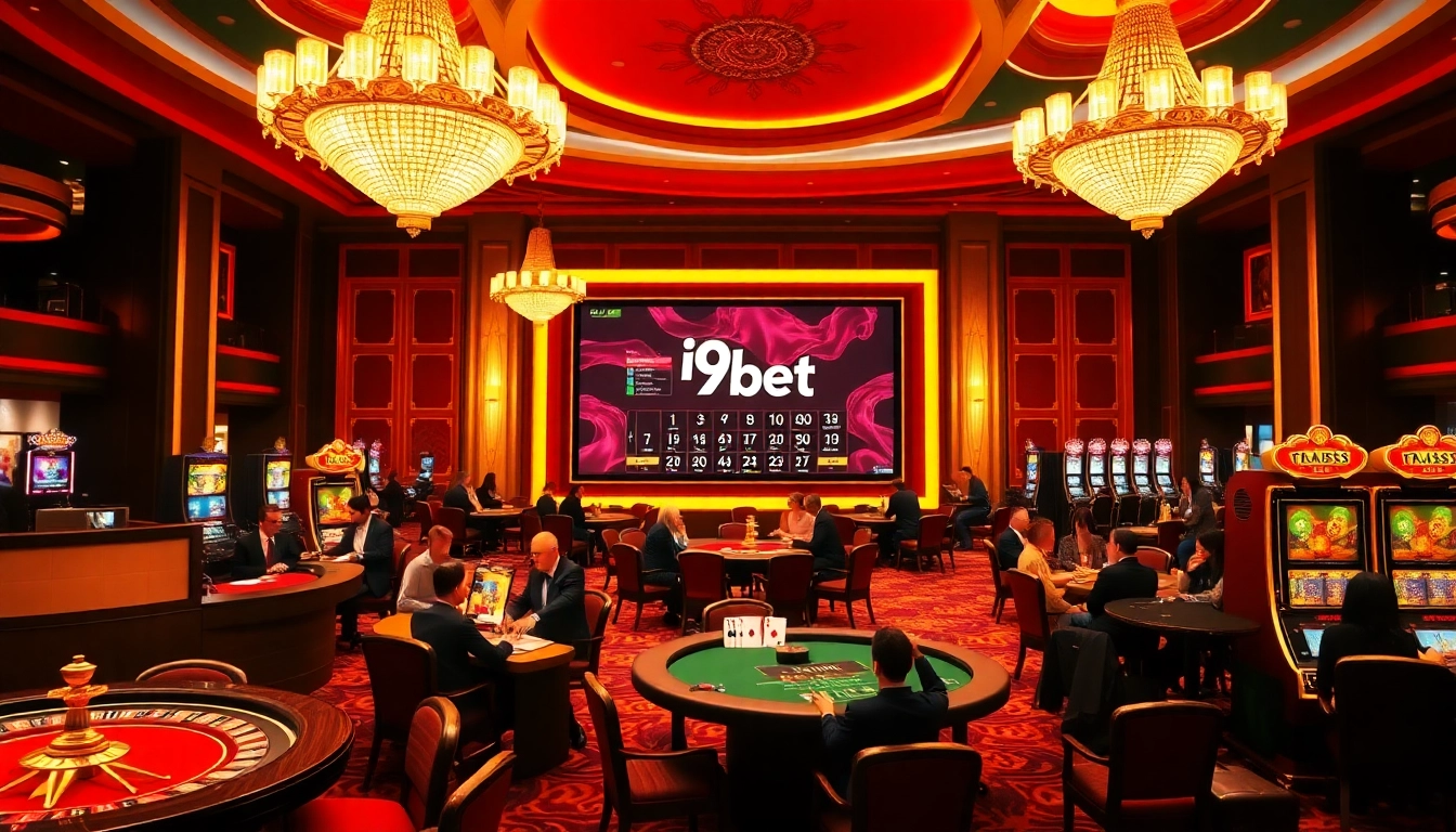 Experience the thrill of winning at i9bet with an elegant casino scene featuring roulette and poker games.