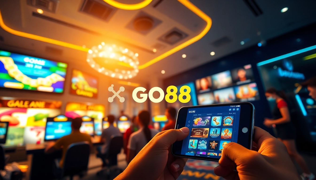 Tải GO88 on a smartphone, showcasing an inviting online gaming interface with vibrant colors and popular game icons.