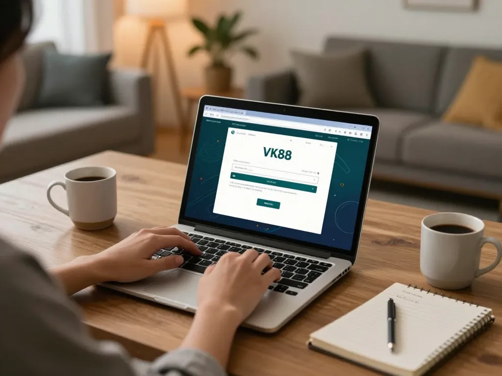 Player accessing VK88 đăng nhập on laptop, showcasing casino games in a cozy home setup.