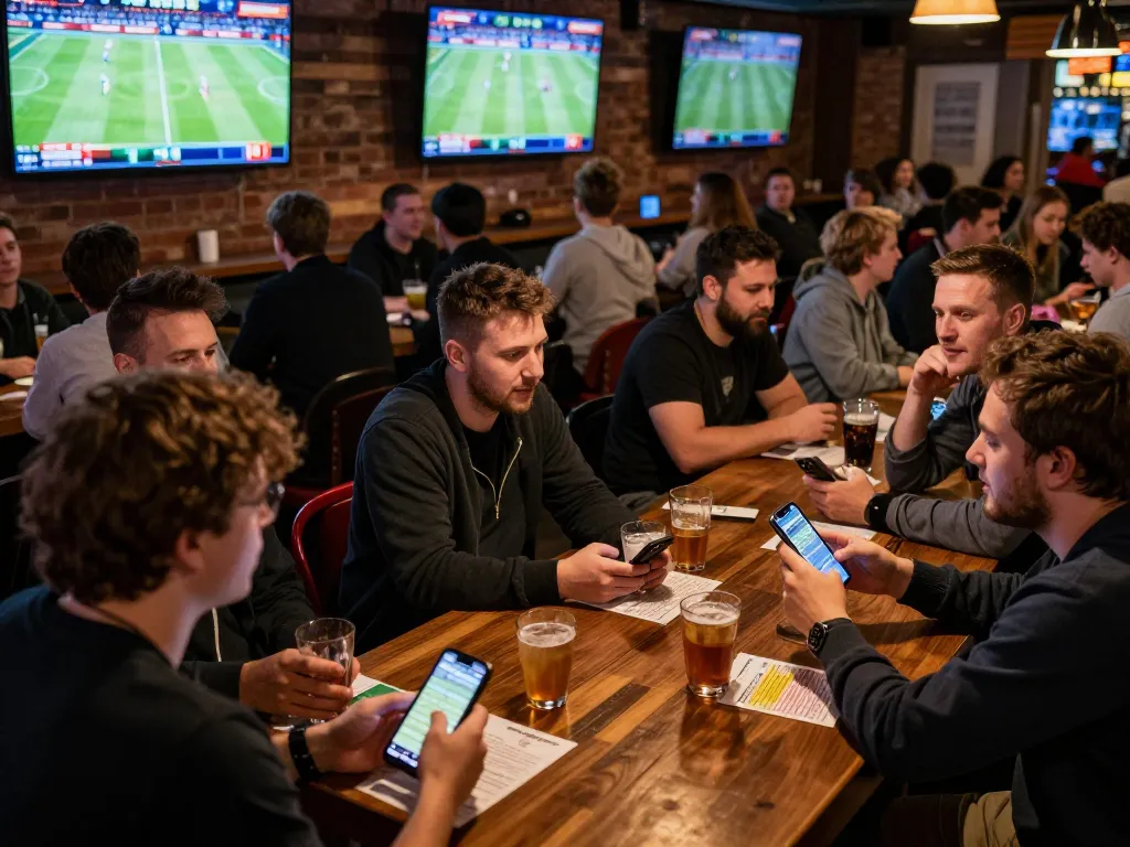 Keseruan taruhan olahraga SBOBET di bar olahraga yang ramai dengan penggemar terlibat dalam aksi pertandingan langsung.