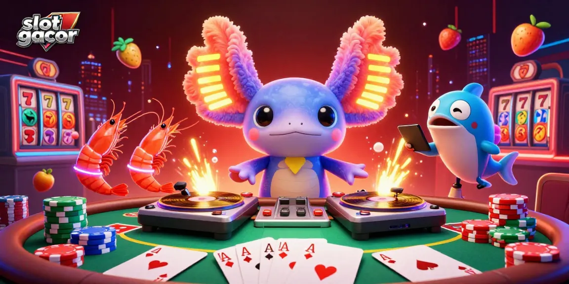 Engage with vibrant slot gacor scene featuring neon axolotl DJ and energetic characters amidst colorful casino elements.