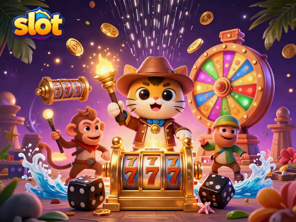 Slot yang menyenangkan dalam proyek ilustrasi 3D penuh warna dengan elemen kasino.