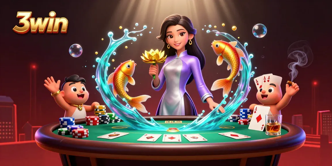 Engage in thrilling card games at 3win with golden koi fish and vibrant poker elements.
