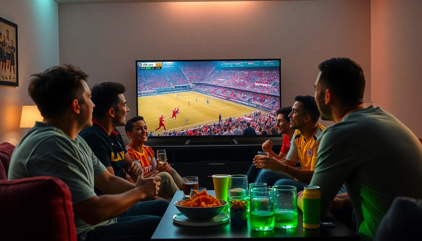 SOCOLIVE TV scene featuring passionate soccer fans enjoying a live match together, showcasing excitement and community.