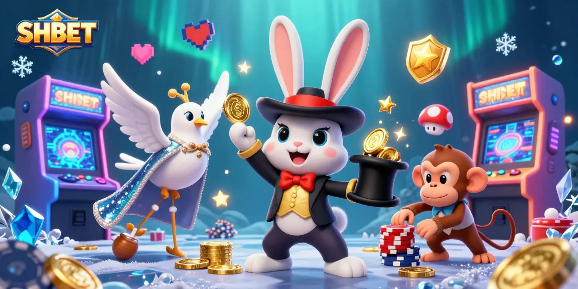 Experience thrilling gaming at SHBET with a magical scene showcasing a magician rabbit, dove, and a monkey amidst vibrant casino elements.