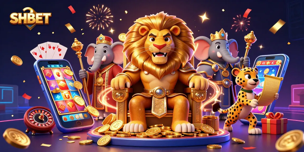Experience the excitement of SHBET with a spectacular casino-themed illustration featuring a lion king, elephant advisor, and cheetah messenger.