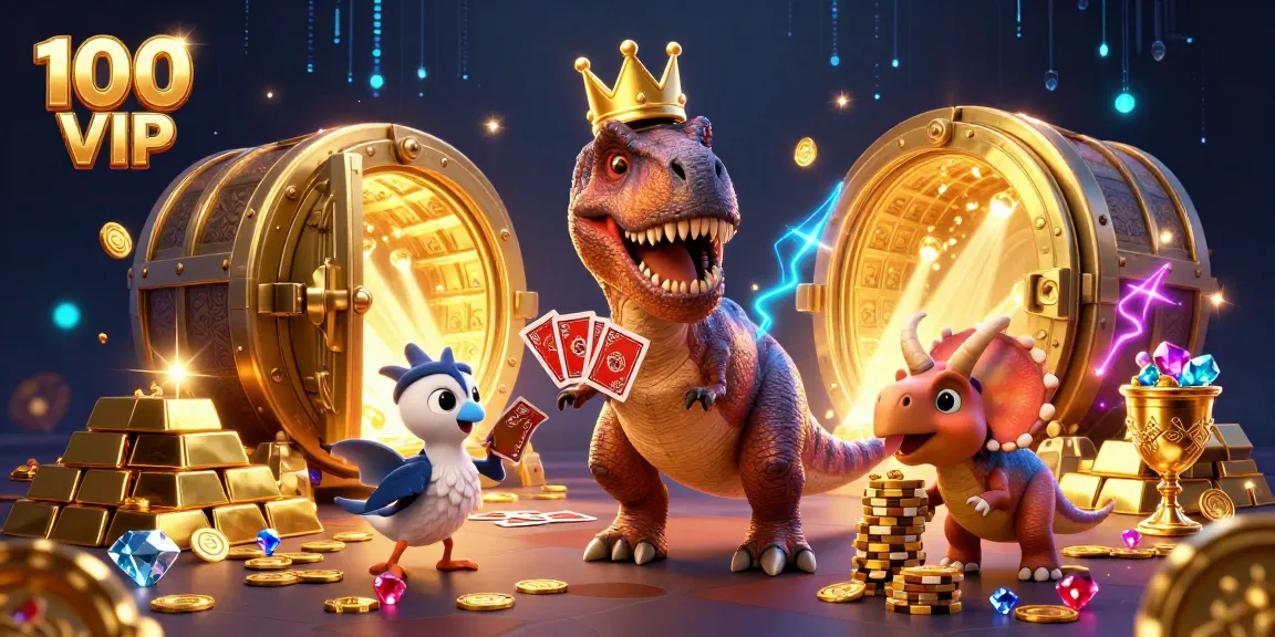 100 VIP casino adventure with T-Rex shuffling cards, golden treasures, and vibrant energy.