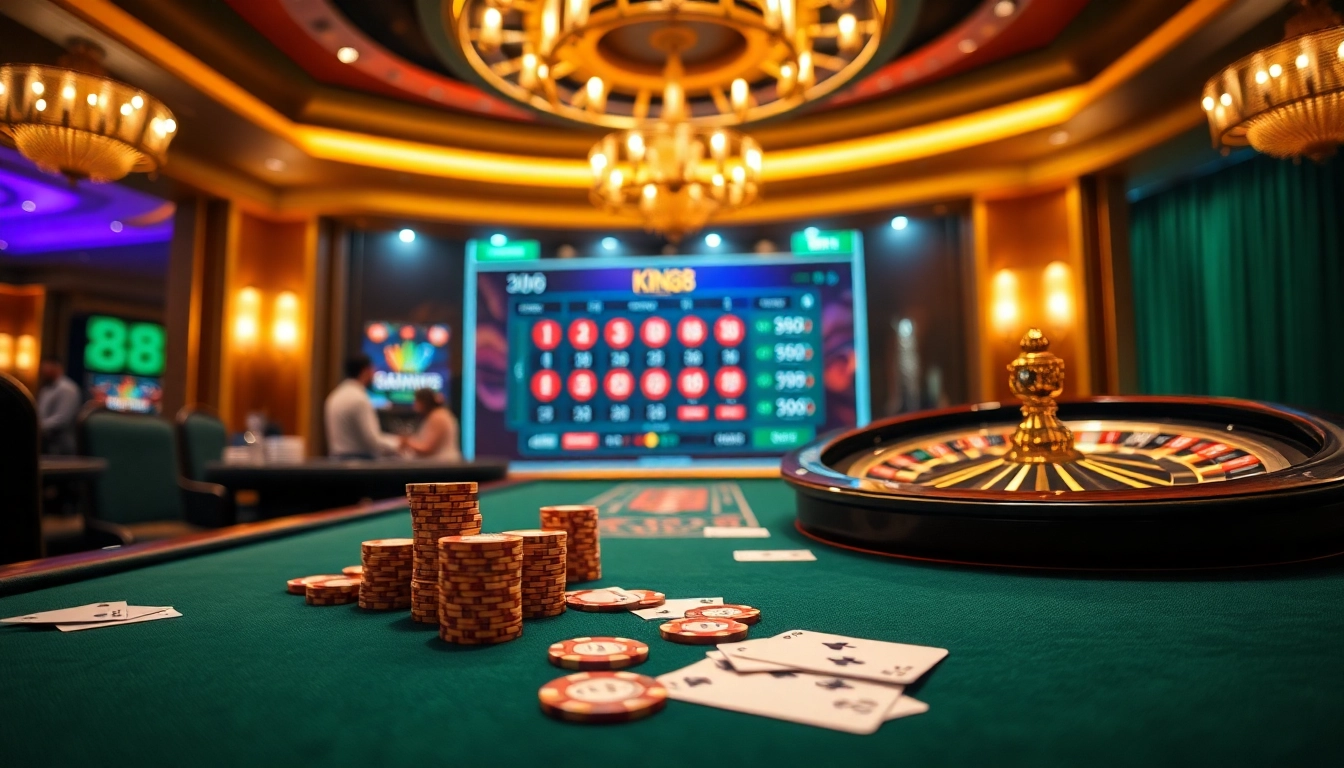 King88 casino table featuring vibrant poker chips and cards in an exciting gaming atmosphere.