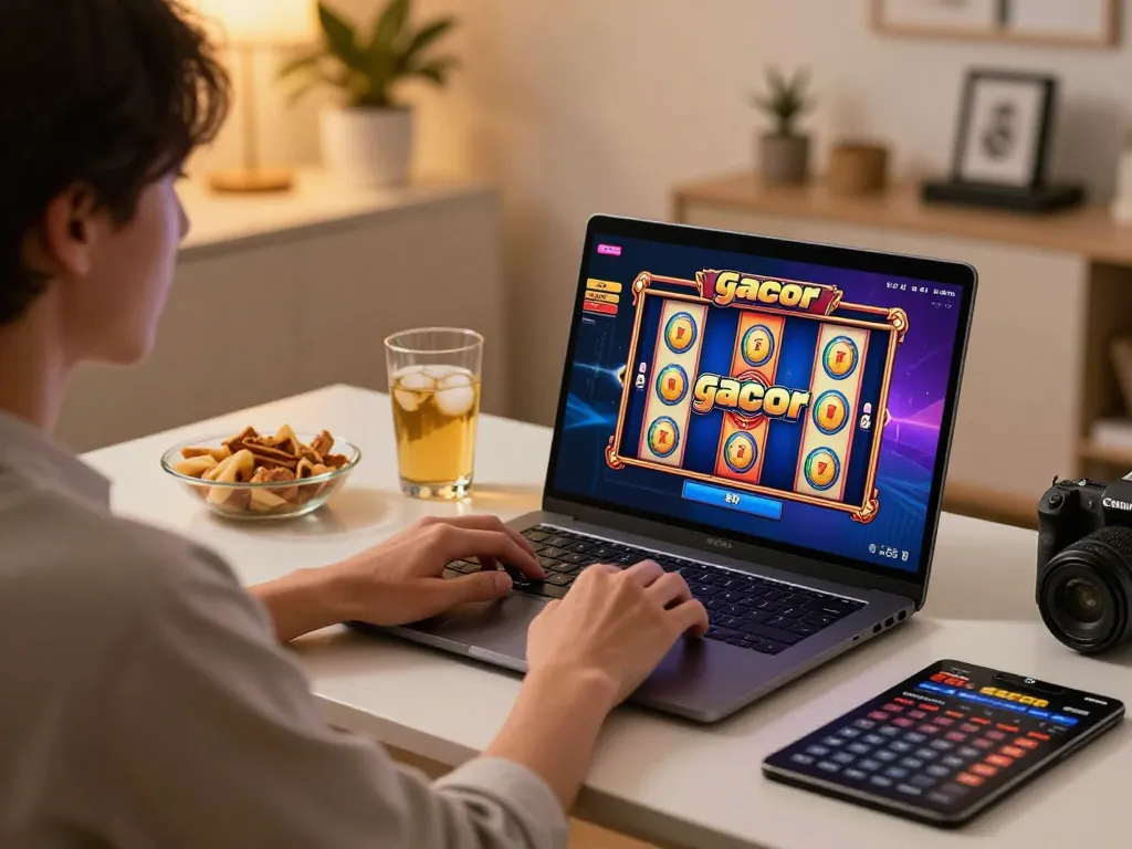 Pemain menikmati permainan slot gacor di laptop di rumah dengan layar berwarna-warni dan camilan bermain.