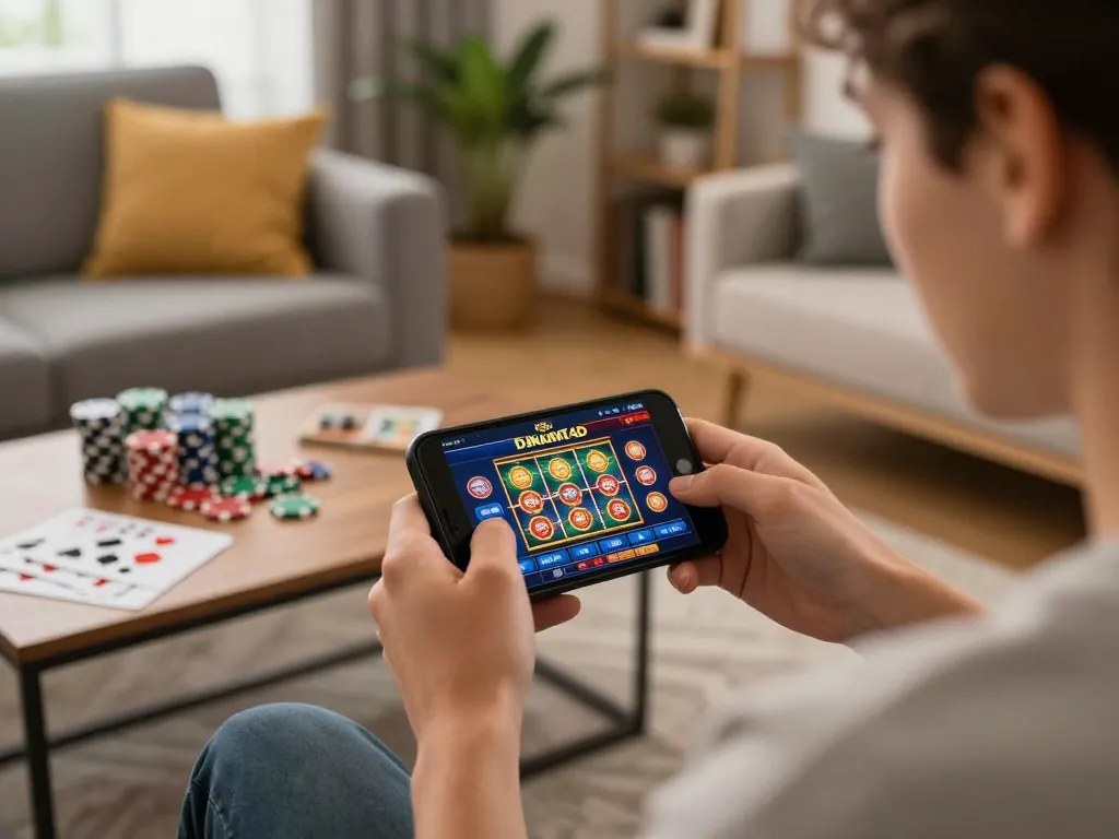 Engaging gameplay on dinamit4d mobile casino app with poker chips and strategy notes nearby