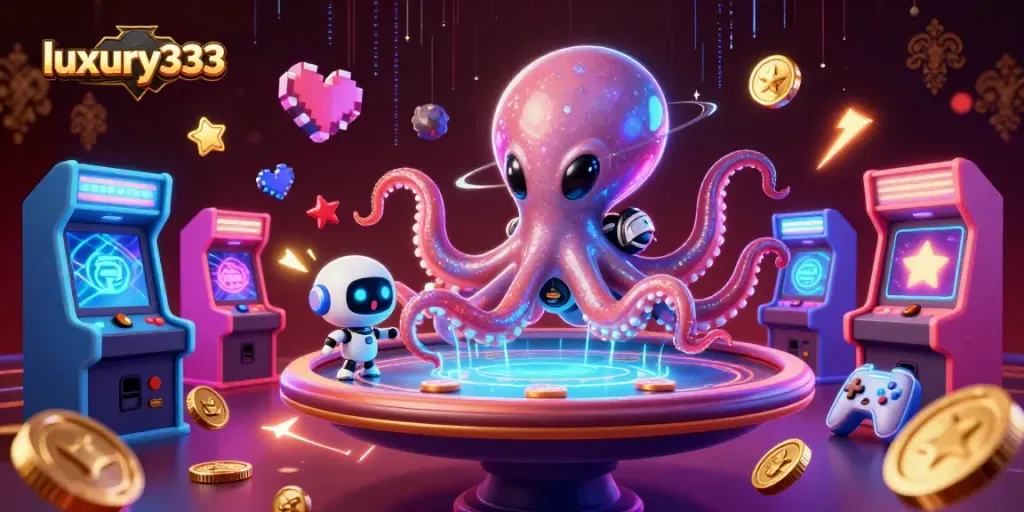 Luxury333 menghadirkan permainan poker intergalaksi dengan kartu dan chip berwarna cerah yang mengelilingi alien.