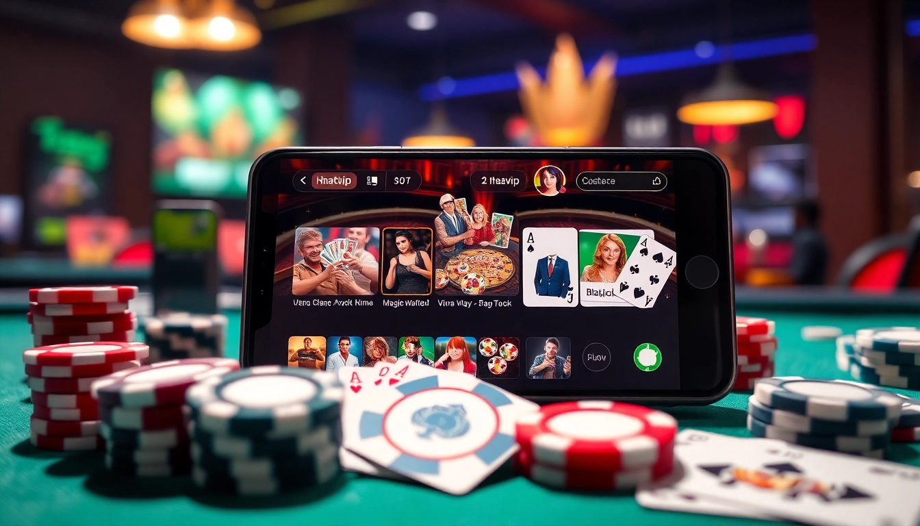 Link đăng nhập Nhatvip on a smartphone with colorful casino games background.
