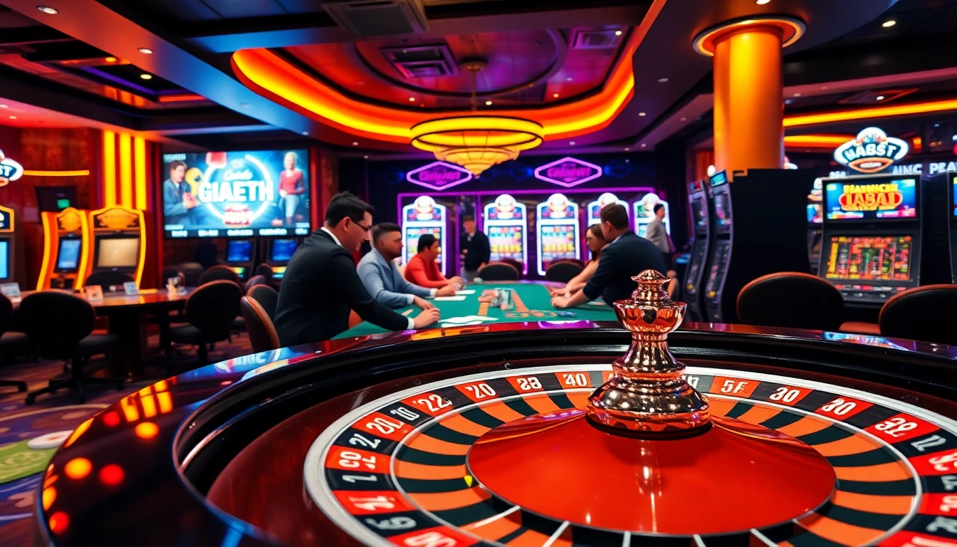 Players enjoying an exciting game at mk8th.net casino with poker chips, cards, and colorful slot machines.