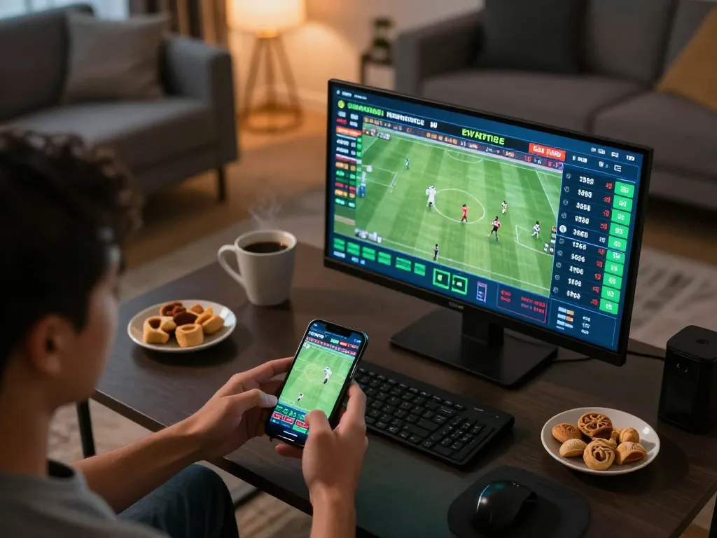 Placing sports bets on RR88 app from a cozy living room setup while enjoying coffee.