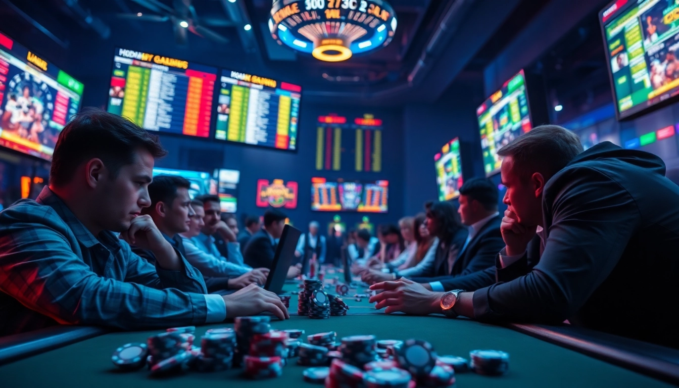 Engaging sportsbetting scene portraying intense focus and vibrant odds display in a dynamic casino.