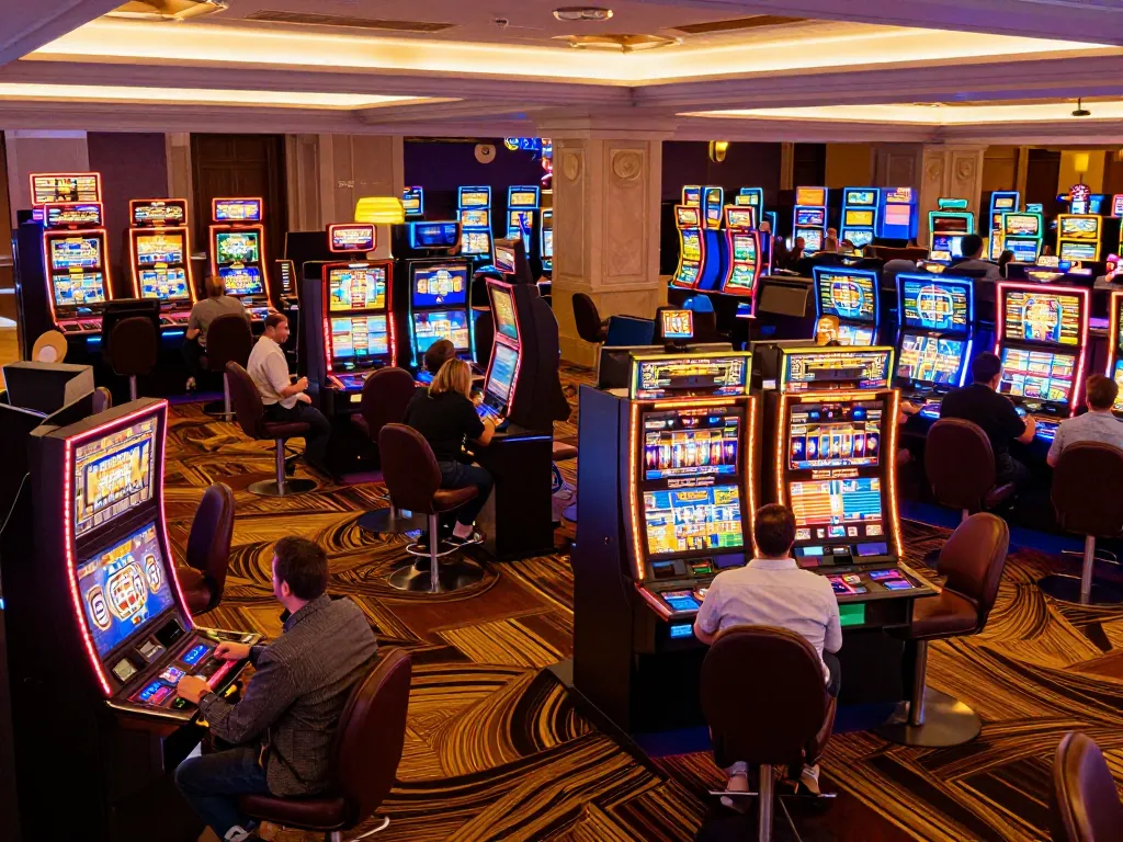 Players enjoying vibrant slot machines at TG88, highlighting excitement in a lively casino atmosphere