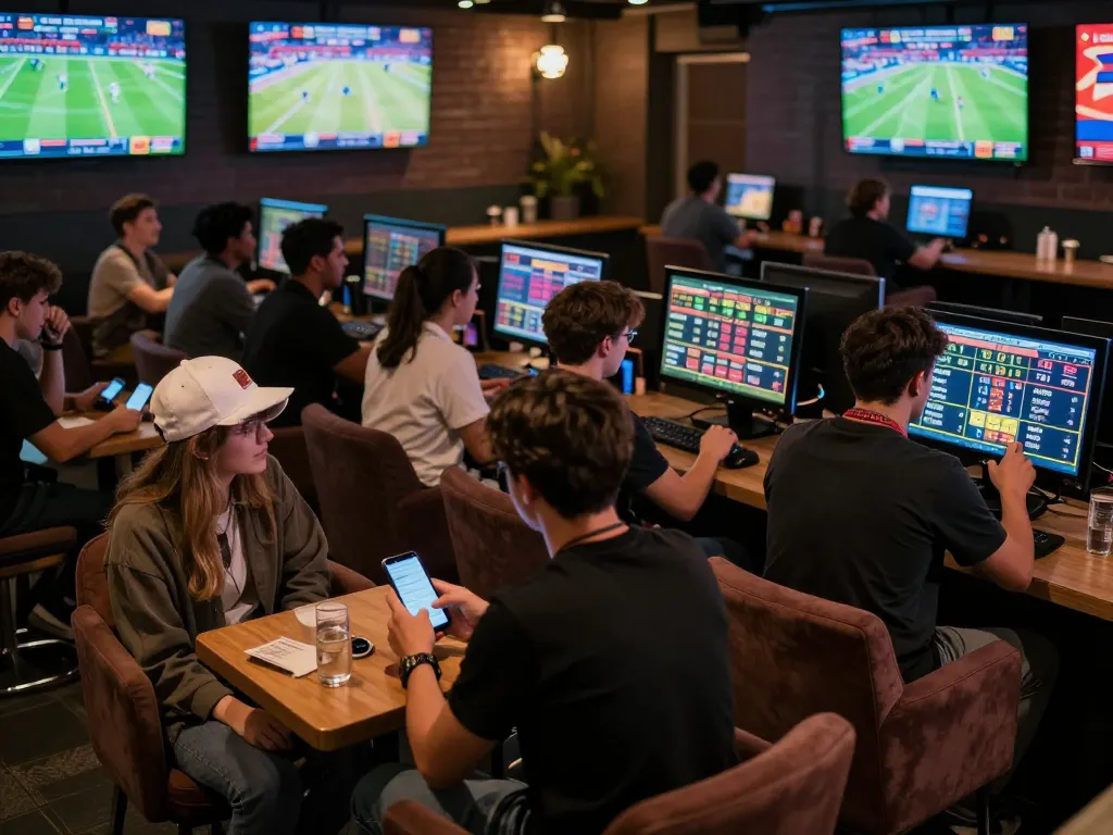 Captivating scene showing bettors engaging in dynamic sports betting at LV88seo, with multiple screens displaying live games and odds.