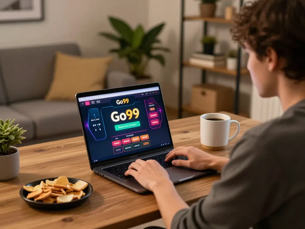 Engaging online casino gameplay on Go99 platform with cozy home setup.