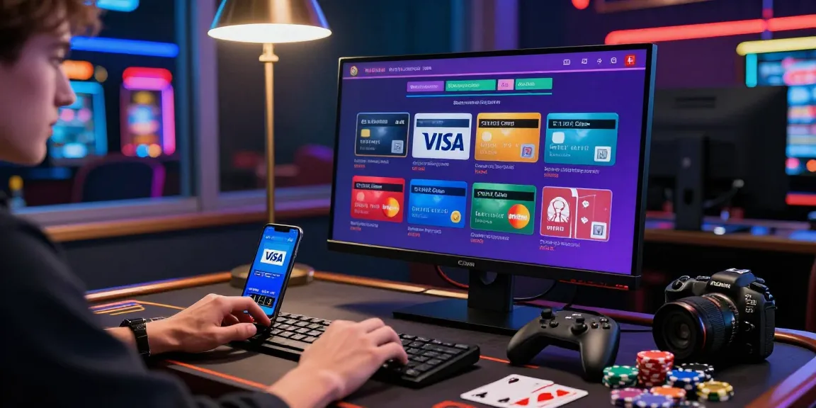 Engaging online casino player choosing credit card options at https://brcs.co.uk, vibrant desktop with casino interface and lively atmosphere.