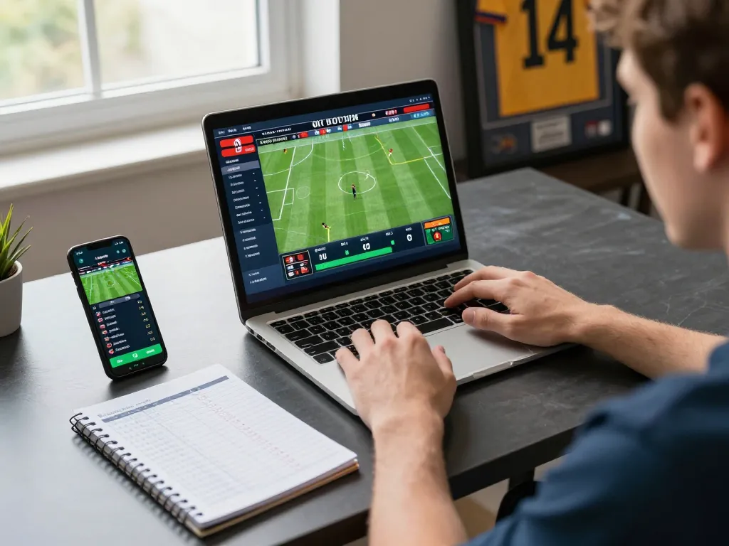 AW8 user placing strategic sports bets using laptop and smartphone for live gambling