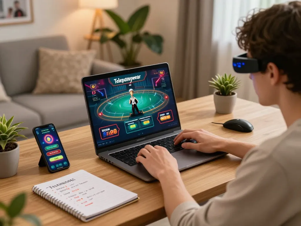 Terlibat dalam permainan online dengan telepathywear sambil memasang taruhan strategis di rumah.