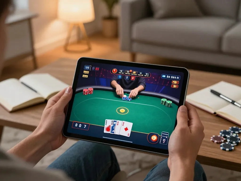 Engaged player using SC88 to strategize in an online poker game at home, showcasing a modern setup.