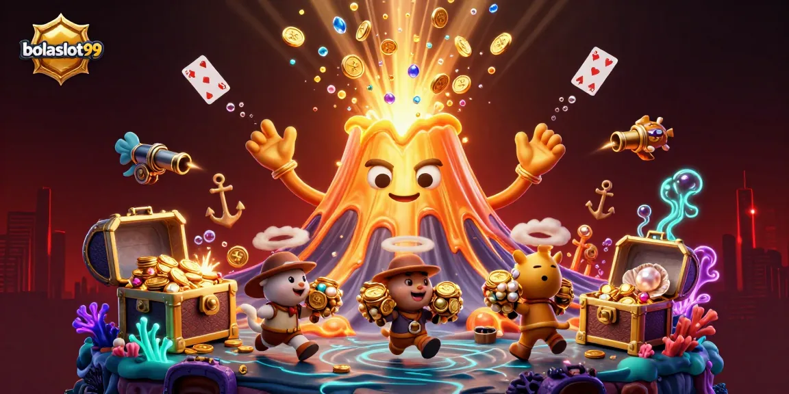 Experience thrilling wins at bolaslot99 with vibrant treasures, a gold volcano, and lively casino elements.