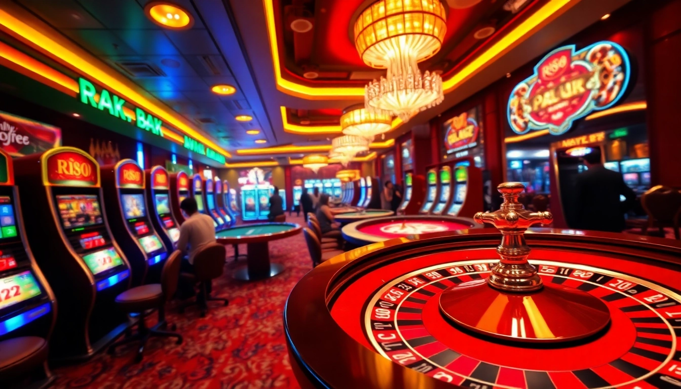 Experience rr88's thrilling casino atmosphere with engaged players, vibrant tables, and slot machines in action.