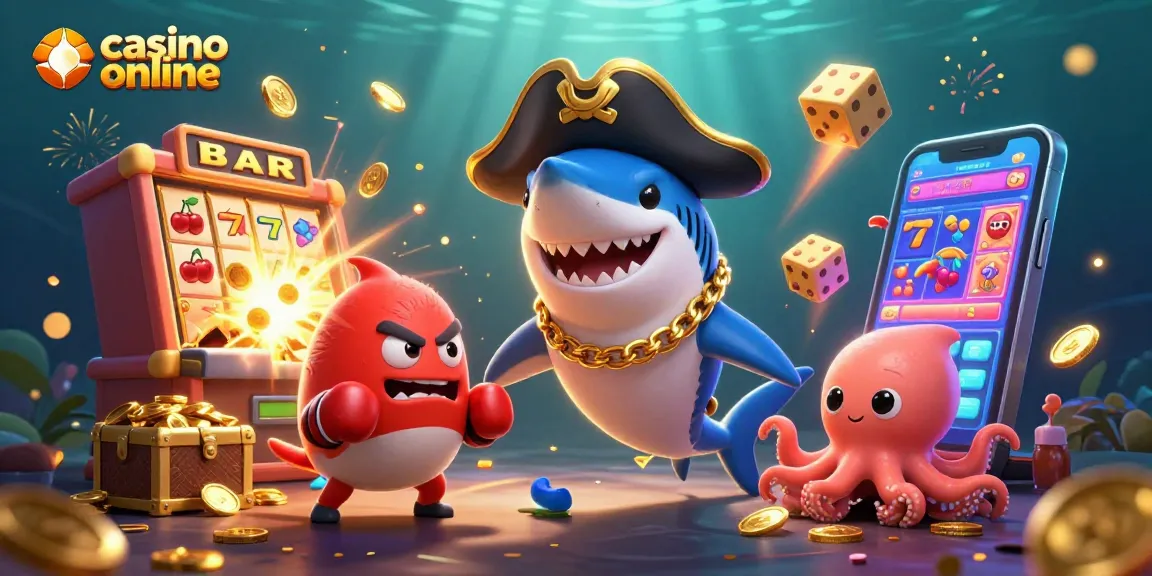 Engaging illustration depicting a pirate shark and companions celebrating casino online jackpots.