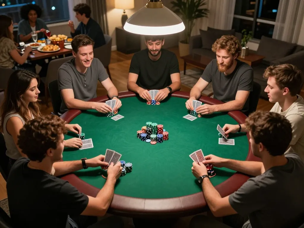 Open888 players enjoying a thrilling home poker game with chips and cards, showcasing strategic gameplay.
