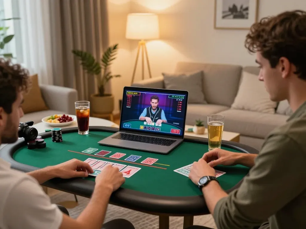 Player enjoying an engaging live dealer blackjack game on xx88 site at home, showcasing strategic gameplay.