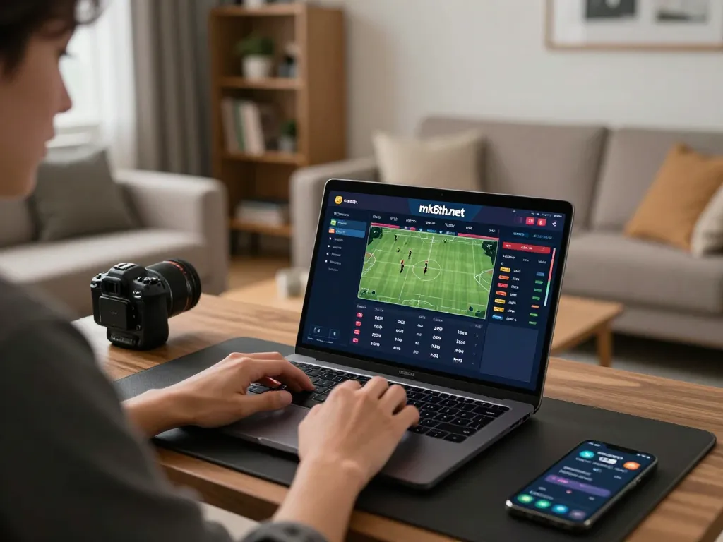 Engaging in sports betting on mk8th.net with a laptop setup showcasing real-time odds and match details.