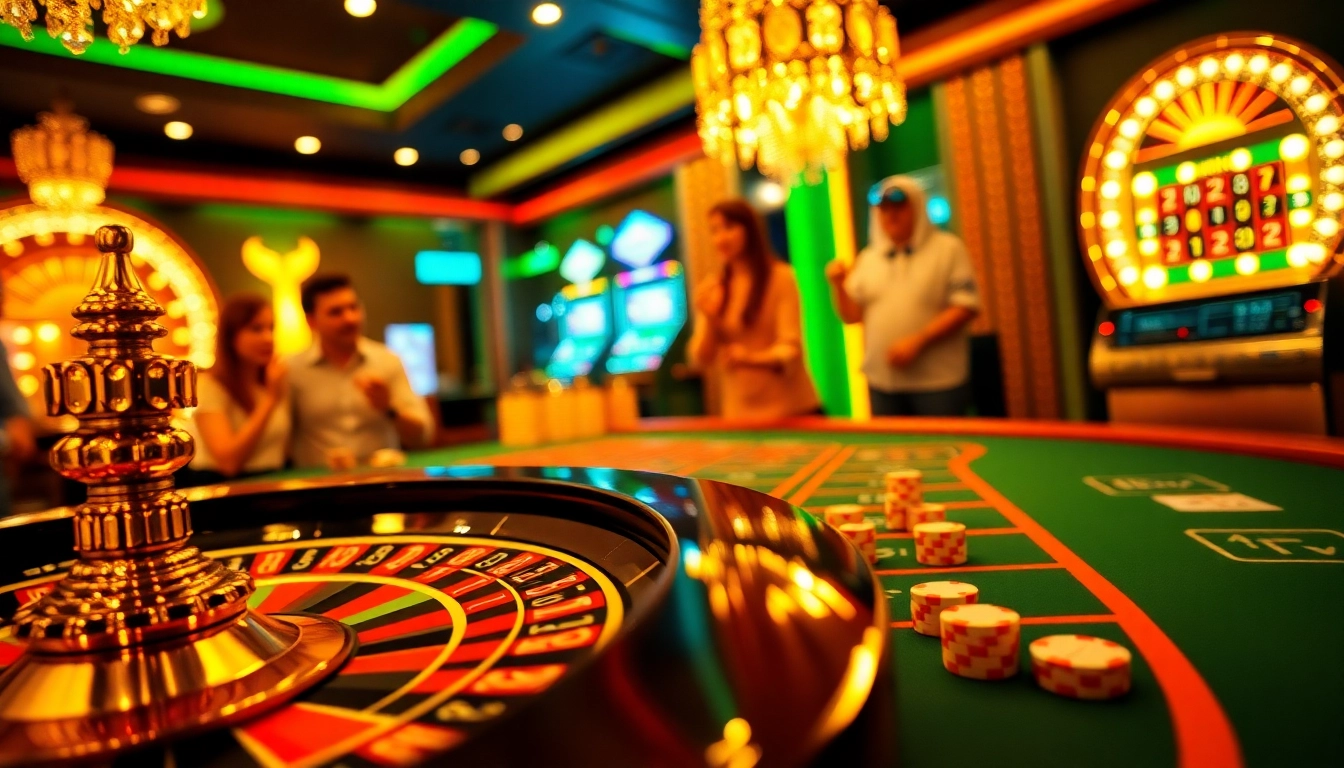 Gamblers enjoying thrilling games at RR99.com casino scene with roulette and poker chips.
