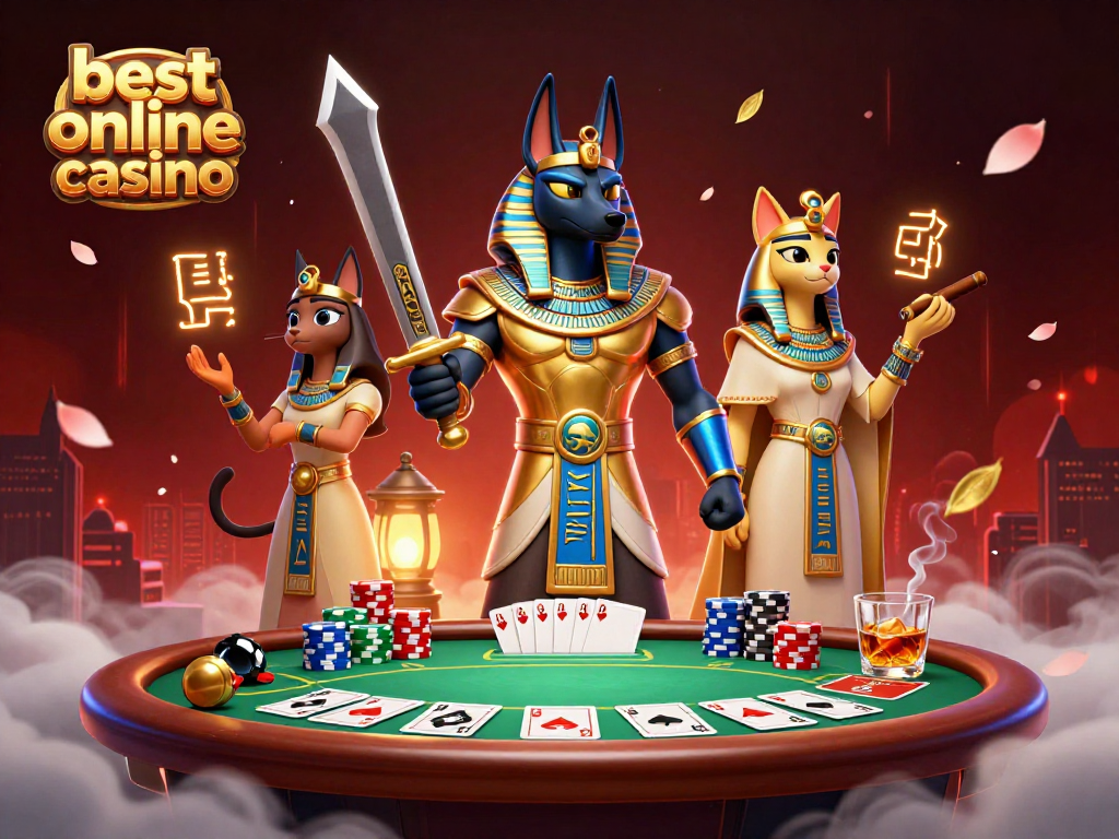 A dynamic scene illustrating the best online casino ambiance with Anubis, poker elements, and casino highlights.
