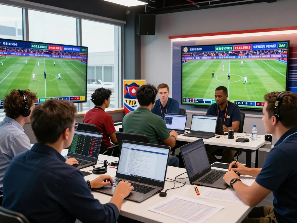 Analysts discussing tỷ lệ kèo bóng đá with screens showing live odds in a vibrant sports studio.