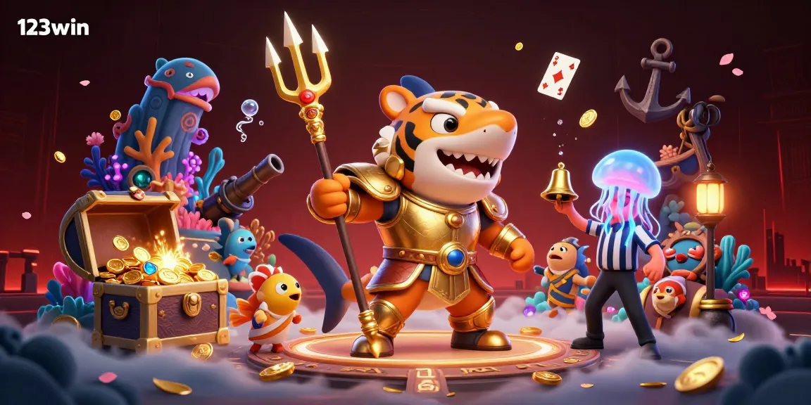 123win unleashes thrilling action in a vibrant underwater colosseum with a tiger shark, celebrating casino excitement.