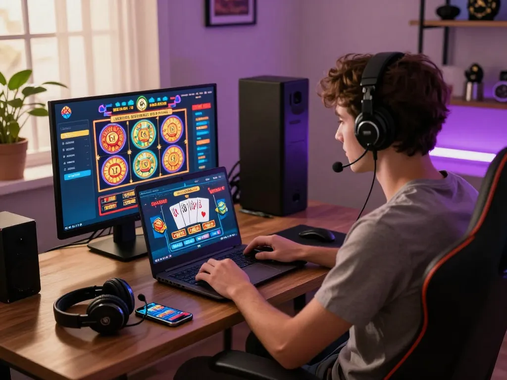 Player enjoying Nhà Cái 32win online casino experience on a laptop with colorful game graphics and gaming accessories.