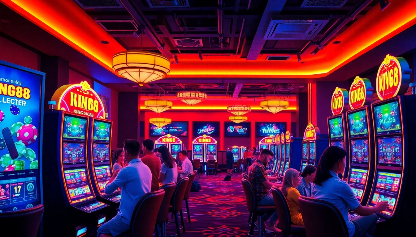 Engaging online casino scene showcasing KING88 digital slot machines with vibrant colors and diverse players.