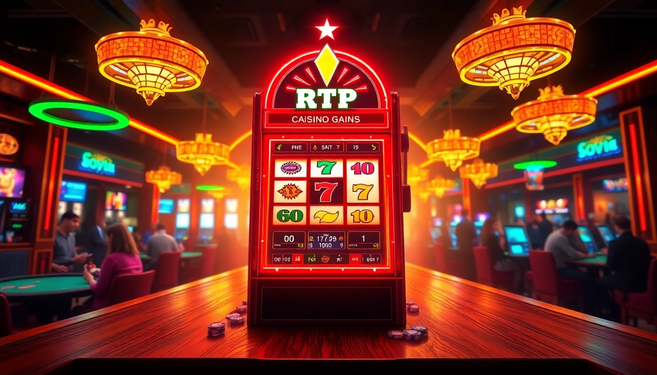 Engage with an RTP slot machine radiating excitement and energy in a colorful casino setting.