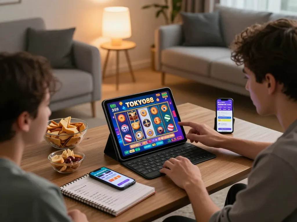 Terlibat dalam permainan slot TOKYO88 di tablet dalam suasana rumah yang nyaman dengan pencahayaan ambient.