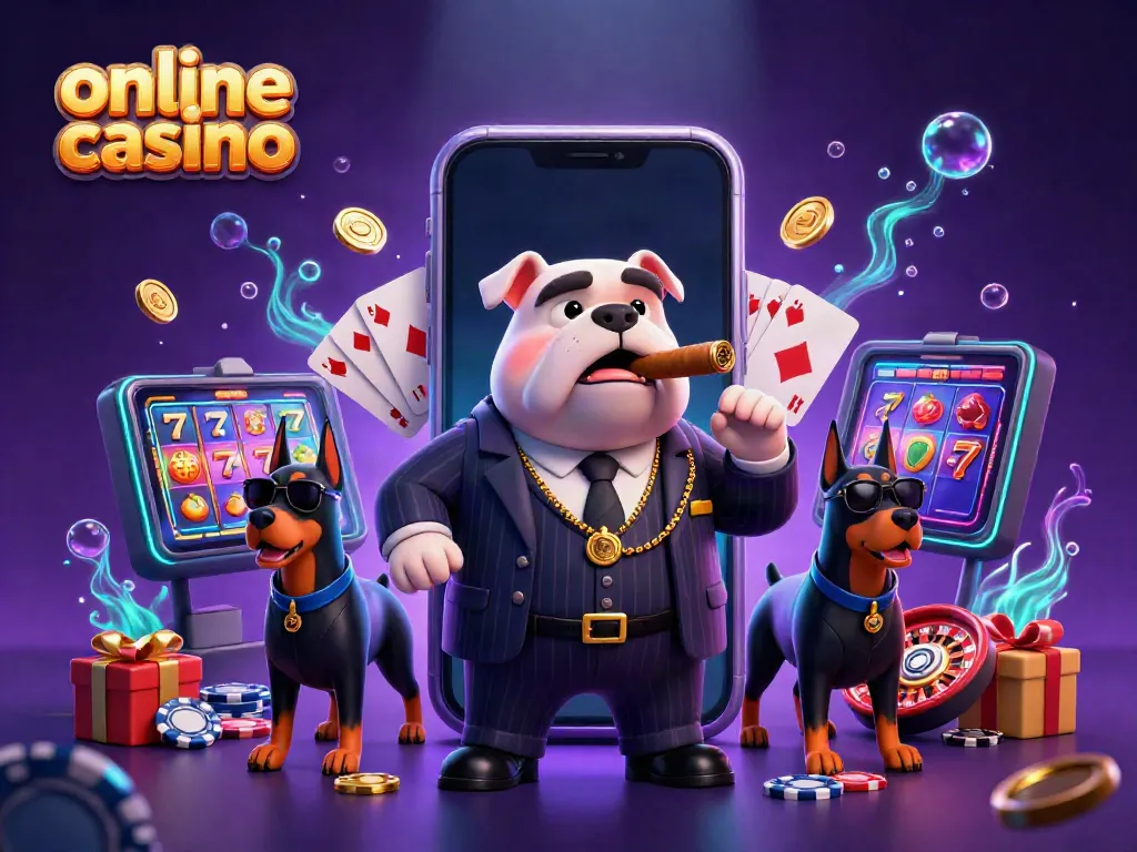 Engaging 3D illustration promoting an online casino with a mafia bulldog and Doberman bodyguards surrounded by game elements.