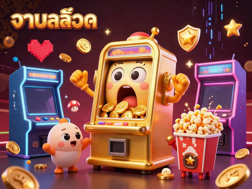 A lively 3D scene of a cartoon golden slot machine hitting a jackpot surrounded by cheering baby slots and popcorn, embodying รวมสล็อต at a casino.