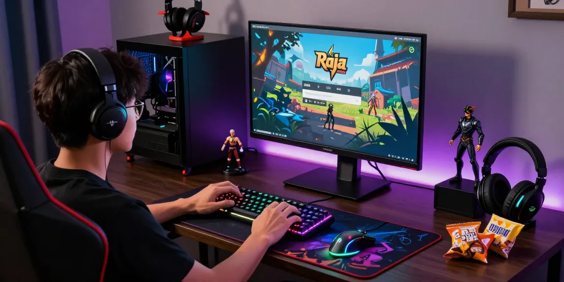 Engaging Raja Game login scene with vibrant gaming setup, RGB keyboard, and monitor.