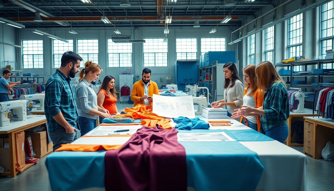 Clothing Manufacturer For Startups collaborating on design ideas in a vibrant workspace.