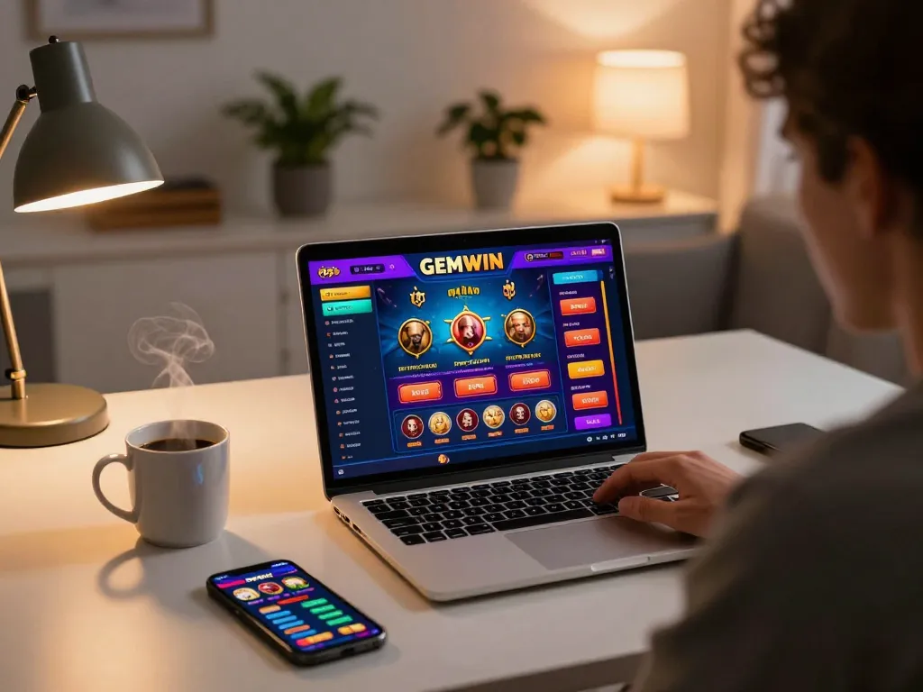 Engaging online gaming moment at https://gemwin.pics with a laptop displaying casino interface and betting options.