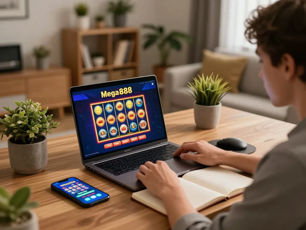 Experience smooth gameplay with mega888 app on a cozy home gaming setup featuring a laptop and notebook.